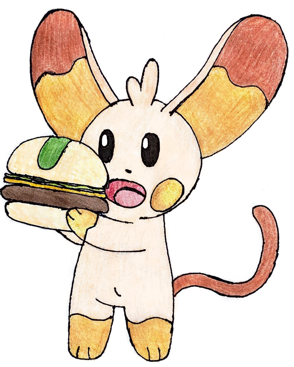 A drawing of Aidan the Mouse holding a big burger with Cheese, Lettuce, and a Pickle on top.
